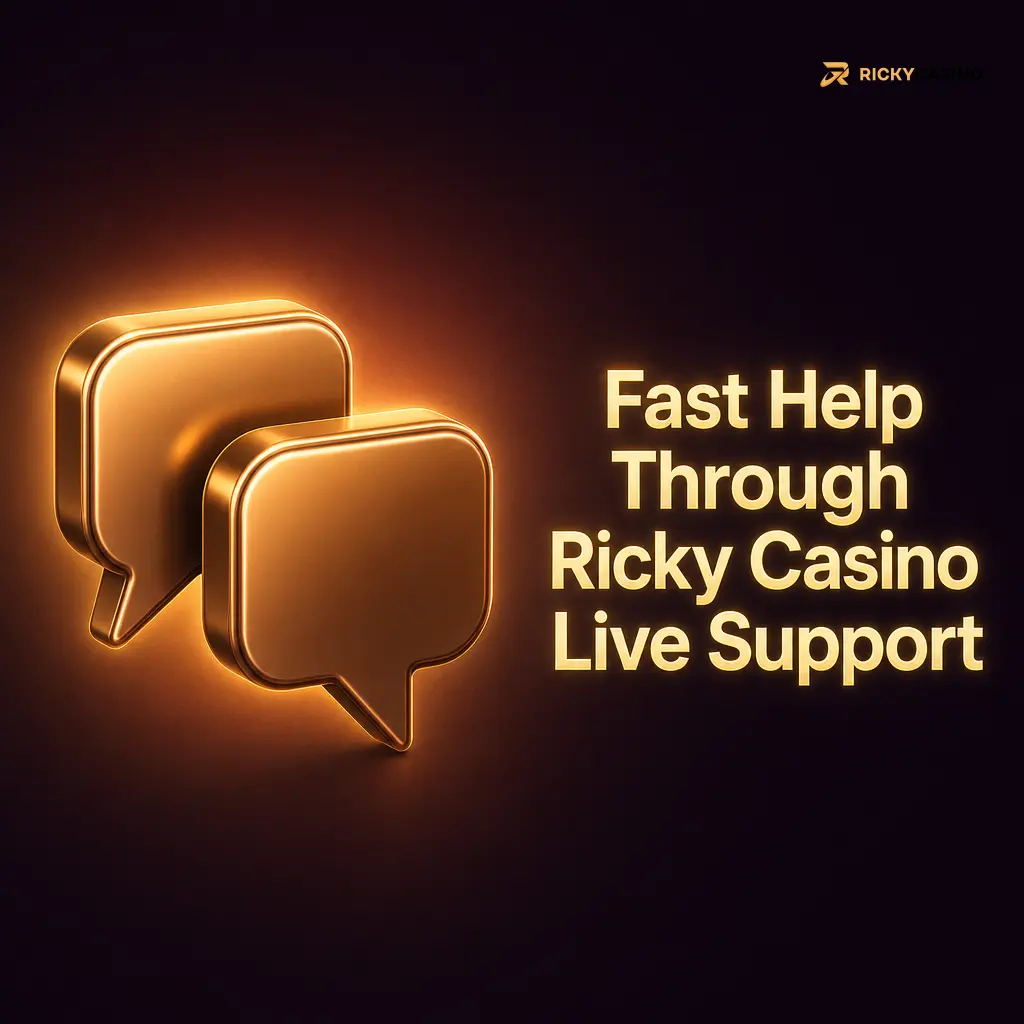 Ricky Casino live support chat showing quick help for login, payments, bonuses and game errors