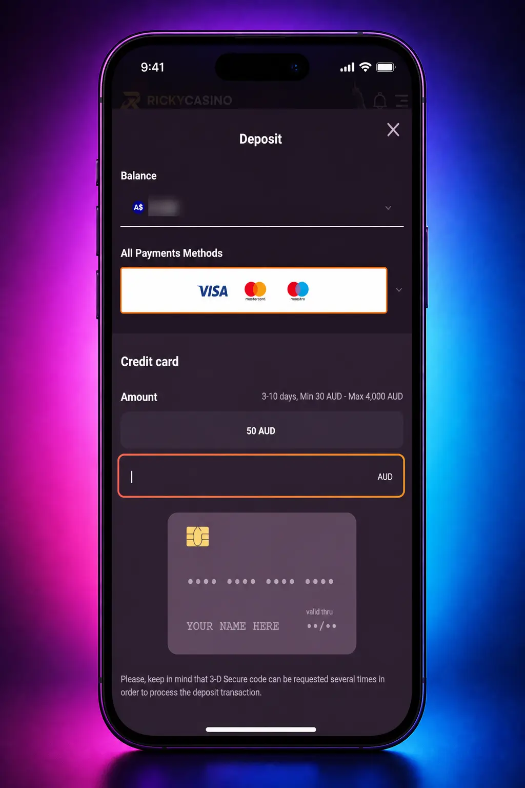 Ricky Casino AUD deposit guide showing Cashier payment options, bonus selection and deposit limits