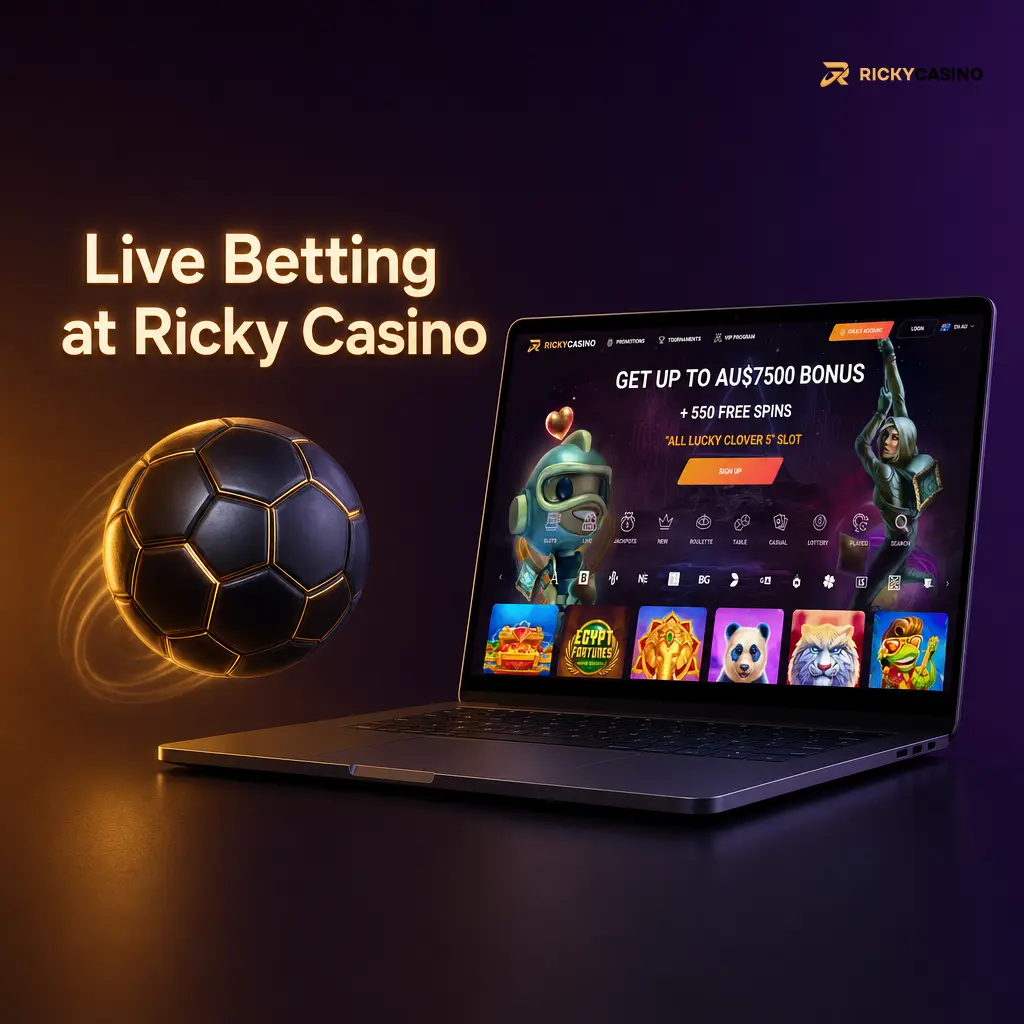 Live betting lobby at Ricky Casino with updating odds, scoreboards, filters and quick bet slip preview
