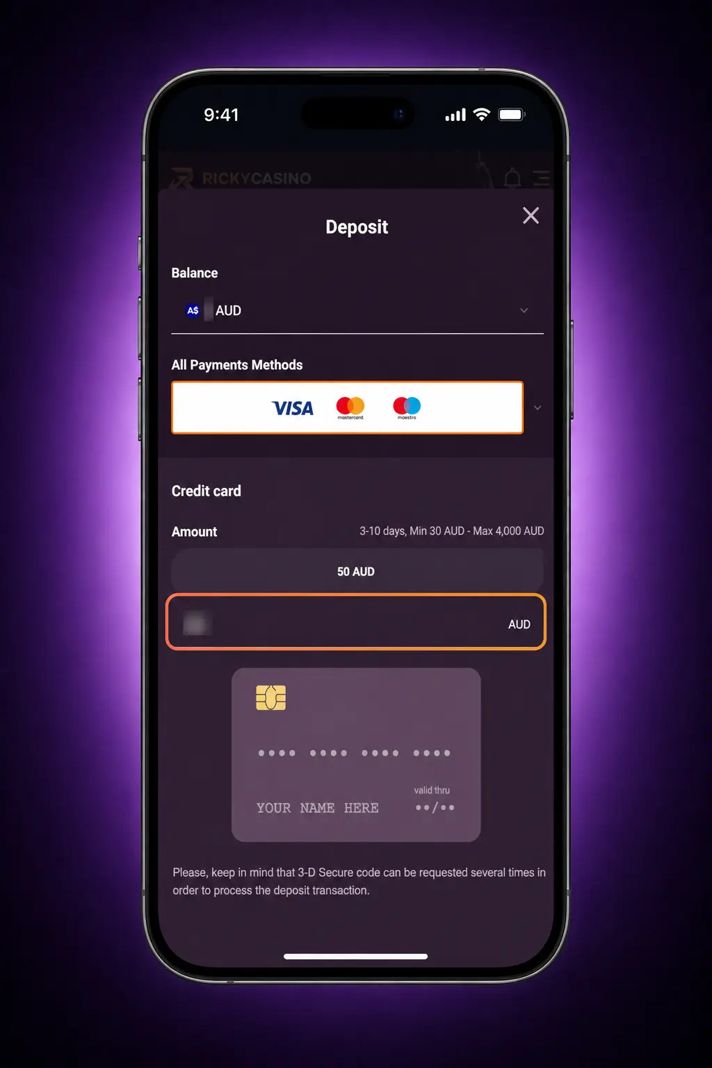 Bonus claim steps for Australia showing offer selection, registration, deposit and promo code activation