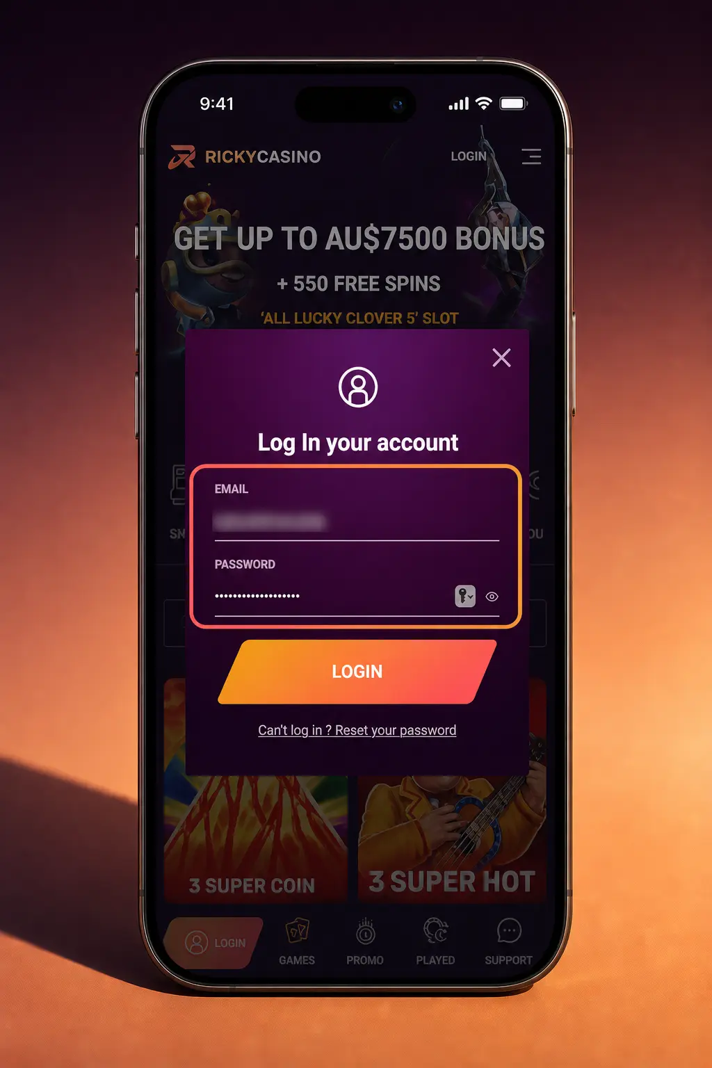 Ricky Casino login screen showing steps to sign in and access casino, sportsbook, cashier and bonuses