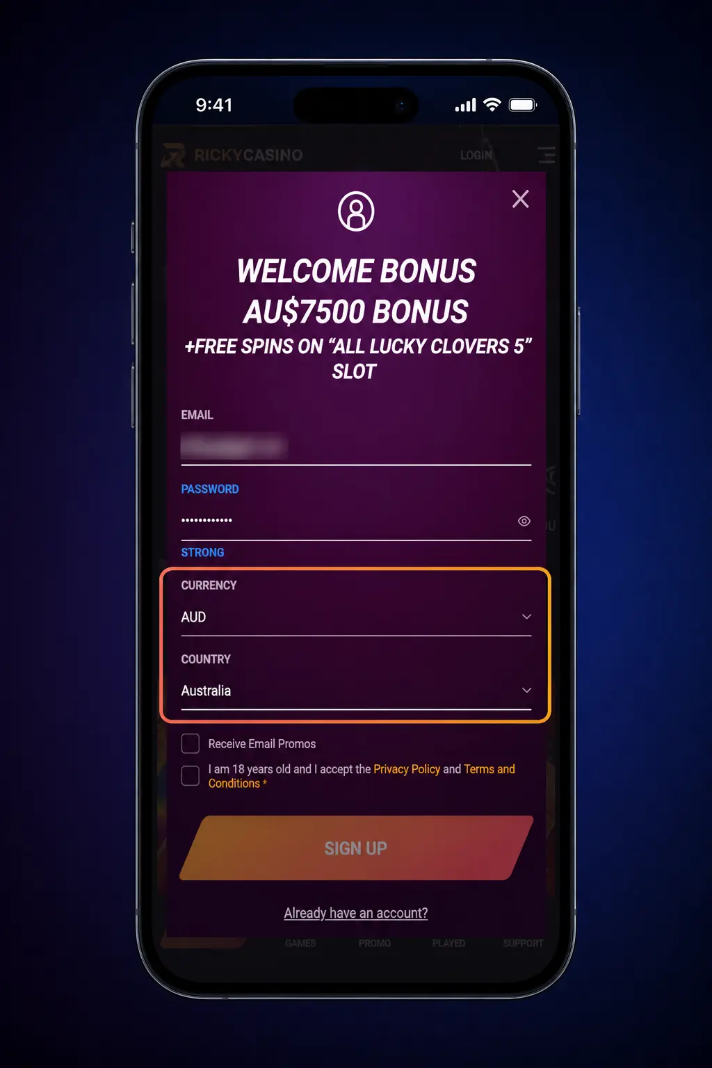 Ricky Casino registration steps for Australia showing online sign up form details and AUD account setup