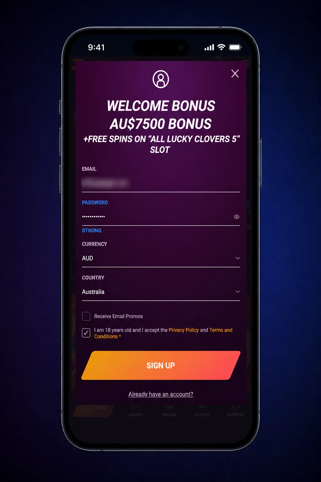 Ricky Casino registration form showing Australian sign up steps, account details and AUD currency selection