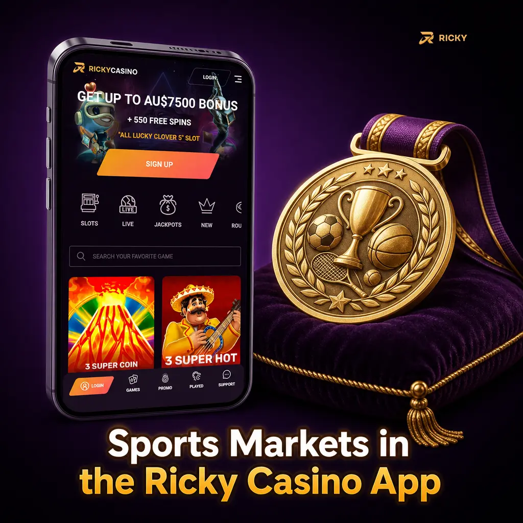 Ricky Casino mobile app sportsbook showing pre-match and live markets for AFL, NRL, cricket and racing